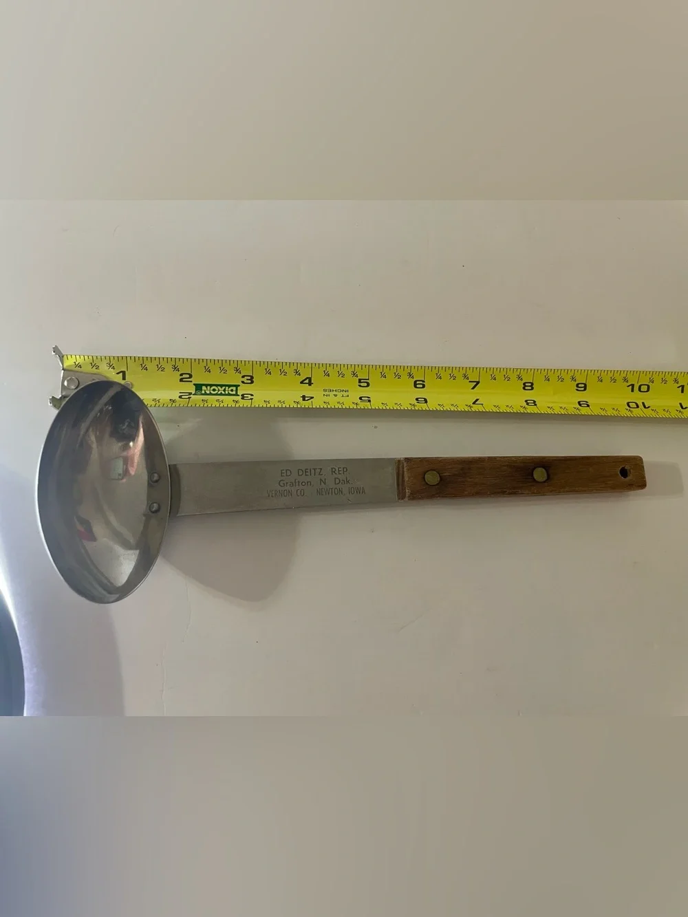 Vtg 9” Stainless Steel Wood Handle Pour Ladle MCM Advertisement Egg Poacher